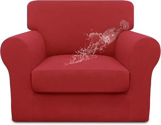 Easy-Going 100% Dual Waterproof 2 Pieces Chair Cover Stretch Soft Couch Cover for Dogs, Sofa Slipcover for 1 Separate Cushion Couch Leakproof Furniture Protector for Kids, Pets Christmas Red