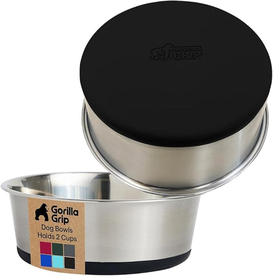 GORILLA GRIP Dog Bowls, Heavy Duty 304 Stainless Steel, Holds 2 Cups Each (16 fl oz) Food and Water Bowl for Feeding Dogs and Cats, Dishwasher Safe, Rust Resistant, BPA Free Rubber Base Set of 2 Black