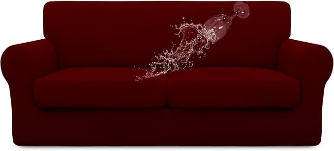 Easy-Going 100% Dual Waterproof 3 Pieces Oversized Loveseat Cover Stretch Soft Couch Cover for Dogs, Sofa Slipcover for 2 Separate Cushion Couch Leakproof Furniture Protector for Kids, Pets Wine