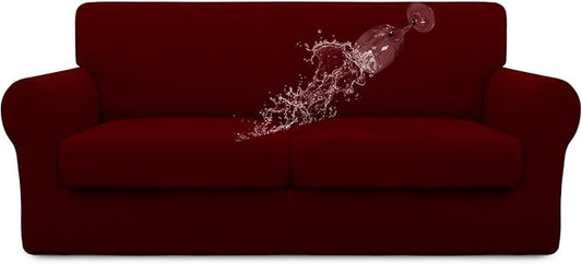Easy-Going 100% Dual Waterproof 3 Pieces Oversized Loveseat Cover Stretch Soft Couch Cover for Dogs, Sofa Slipcover for 2 Separate Cushion Couch Leakproof Furniture Protector for Kids, Pets Wine