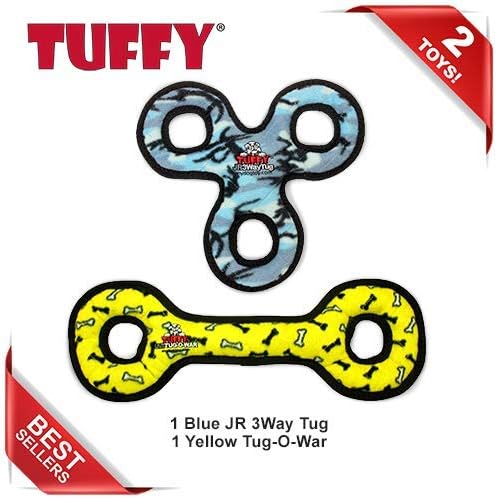 TUFFY - World's Tuffest Soft Dog Toy - Junior 3 Way Tug - Squeakers - Multiple Layers. Made Durable, Strong & Tough. Interactive Play (Tug,Toss & Fetch). Machine Washable & Floats (Combo Pack #2)