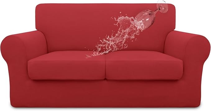 Easy-Going 100% Dual Waterproof 3 Pieces Loveseat Cover Stretch Soft Couch Cover for Dogs, Sofa Slipcover for 2 Separate Cushion Couch Leakproof Furniture Protector for Kids, Pets Christmas Red