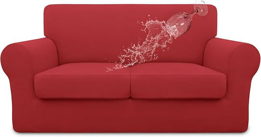 Easy-Going 100% Dual Waterproof 3 Pieces Loveseat Cover Stretch Soft Couch Cover for Dogs, Sofa Slipcover for 2 Separate Cushion Couch Leakproof Furniture Protector for Kids, Pets Christmas Red