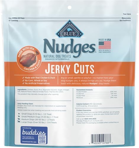 Blue Buffalo Nudges Jerky Cuts Dog Treats, Made in the USA with Natural Ingredients, Chicken & Duck, 16-oz Bag (Pack of 4)