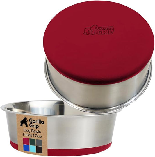 GORILLA GRIP Dog Bowls, Heavy Duty 304 Stainless Steel, Holds 1 Cup Each (8 fl oz) Food and Water Bowl for Feeding Dogs and Cats, Dishwasher Safe, Rust Resistant, BPA Free Rubber Base Set of 2 Red