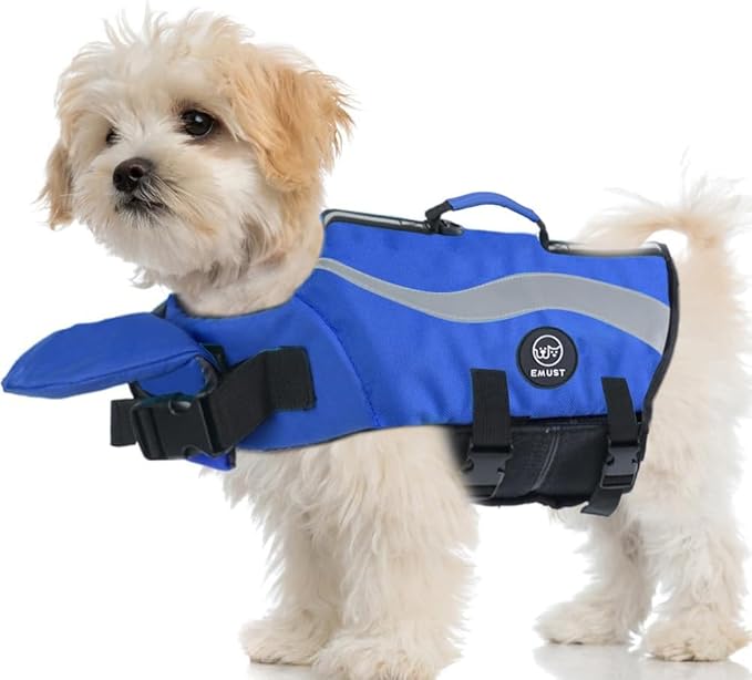 EMUST Dog Life Vests, Adjustable Life Jackets for Small Dogs with Enhanced Buoyancy, Small Dog Swim Vest with Durable Rescue Handle, Royal Blue,XS