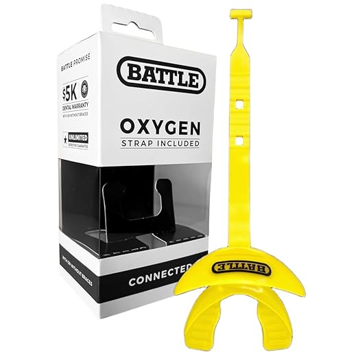 Battle Oxygen Lip Protector Mouth Guard with Connected Strap, Football and Sports Gear, Maximum Oxygen Supply, Mouthpiece Fits With or Without Braces - One Size, Neon Yellow