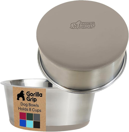 GORILLA GRIP Dog Bowls, Heavy Duty 304 Stainless Steel, Holds 8 Cups Each (64 fl oz) Food and Water Bowl for Feeding Dogs and Cats, Dishwasher Safe, Rust Resistant, BPA Free Rubber Base Set of 2 Beige