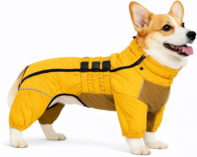 Lovelonglong Warm Dog Coat Double Layers Dog Vest, 4 Legs Covered Windproof Waterproof Reflective Warm Dog Vest Outdoor Skating Dog Costume for Corgis Dachshund Dog Yellow D-S