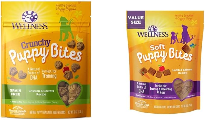 Wellness Crunchy + Soft Puppy Bites Bundle, Natural Grain-Free Training Treats Variety Pack, 6 oz Chicken & Carrots + 8 oz Lamb & Salmon