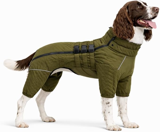 Warm Dog Coat Double Layers Dog Vest, 4 Legs Covered Windproof Waterproof Reflective, Olive L