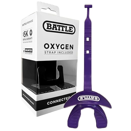 Battle Oxygen Lip Protector Mouth Guard with Connected Strap, Football and Sports Gear, Maximum Oxygen Supply, Mouthpiece Fits With or Without Braces - One Size, Purple