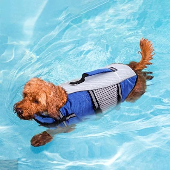 Dog Life Jacket Swimming Vest Lightweight High Reflective Pet Lifesaver with Lift Handle, Leash Ring Blue,L