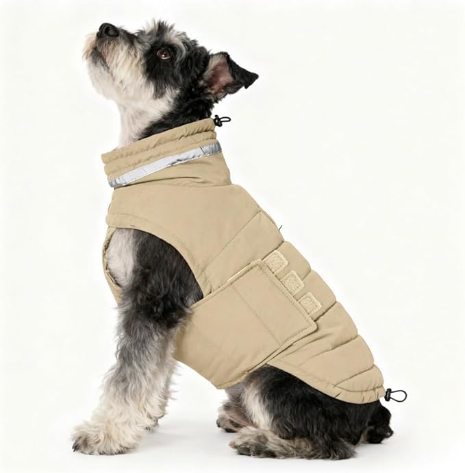 Mklhgty Waterproof Dog Coat for Small Dogs, Warm Dog Winter Jacket, Reflective Windproof Turtleneck Dog Cold Weather Coats with Adjustable Hook & Loop - Khaki - S