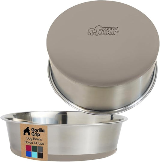 GORILLA GRIP Dog Bowls, Heavy Duty 304 Stainless Steel, Holds 4 Cups Each (32 fl oz) Food and Water Bowl for Feeding Dogs and Cats, Dishwasher Safe, Rust Resistant, BPA Free Rubber Base Set of 2 Beige