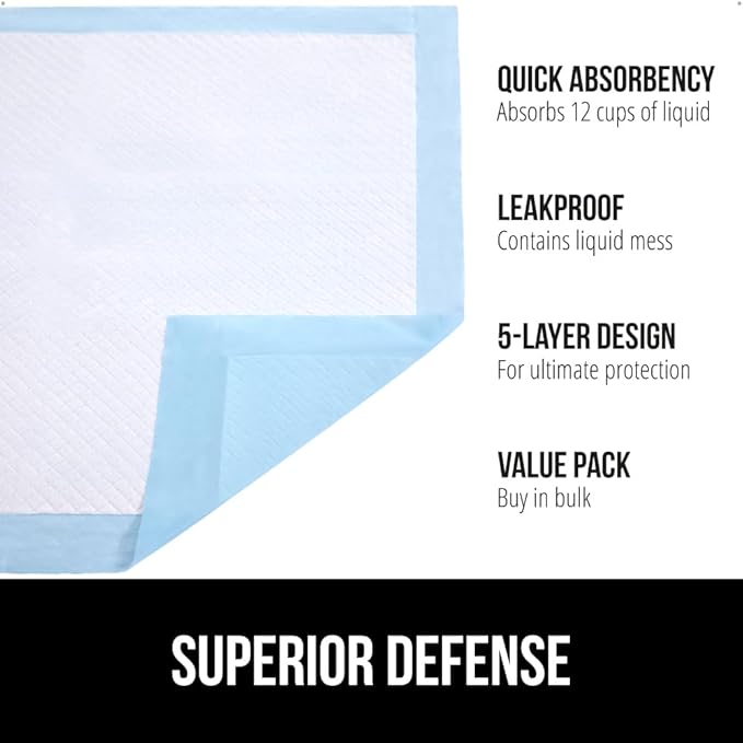 Gorilla Guard Disposable Puppy Pads, 100 Count 28x34 in, 5 Layer Pee Pads for Dogs, Absorbent Diaper Changing Pad, Dog Potty Training Supplies, Quick Dry Pet Housebreaking Essentials for Puppies