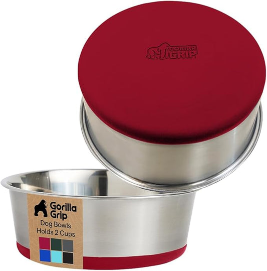 GORILLA GRIP Dog Bowls, Heavy Duty 304 Stainless Steel, Holds 2 Cups Each (16 fl oz) Food and Water Bowl for Feeding Dogs and Cats, Dishwasher Safe, Rust Resistant, BPA Free Rubber Base Set of 2 Red