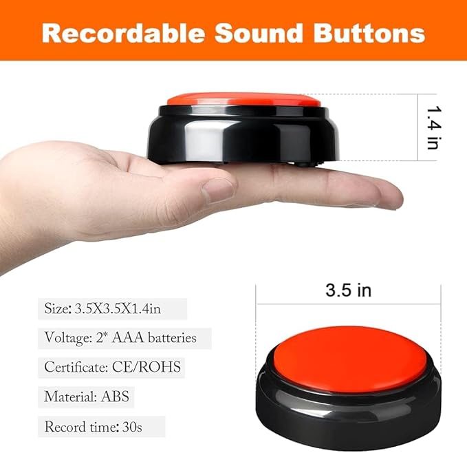 Recordable Button Voice Recording Button Dog Buttons for Communication Game Buzzer 30 Seconds Recordable Answer Buzzers Funny Gift for Office Home (Red)
