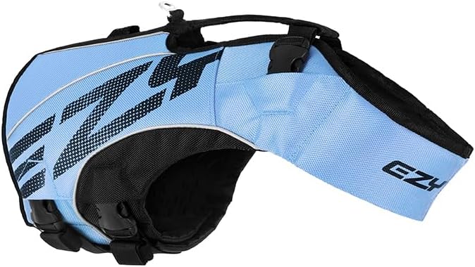 EzyDog DFD X2 Dog Life Jacket - Adjustable Swimming Safety Life Vest Preserver with Continuous Neck Flotation, Reflective Trim, & Grab Handle (4XS, Blue)