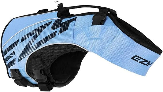 EzyDog DFD X2 Dog Life Jacket - Adjustable Swimming Safety Life Vest Preserver with Continuous Neck Flotation, Reflective Trim, & Grab Handle (3XS, Blue)