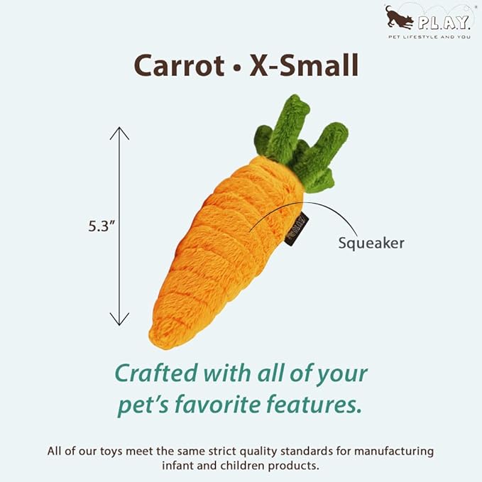 P.L.A.Y. Cute Plush Dog Toys - Fruit & Vegetable Themed Durable Squeaker Chew Toy, Great for Puppies & Small, Medium, Large Dogs - Machine Washable, Recycled Materials (Garden Fresh Carrot, X-Small)
