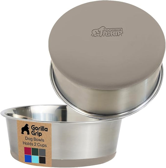 GORILLA GRIP Dog Bowls, Heavy Duty 304 Stainless Steel, Holds 2 Cups Each (16 fl oz) Food and Water Bowl for Feeding Dogs and Cats, Dishwasher Safe, Rust Resistant, BPA Free Rubber Base Set of 2 Beige