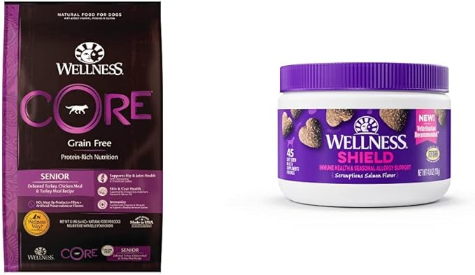 Wellness Food + Supplements Bundle: CORE Natural Grain Free Dry Dog Food, Senior, 12-Pound Bag, Turkey + Wellness Immune & Allergy Soft Chew Dog Supplements, Salmon Flavored, 45 Count