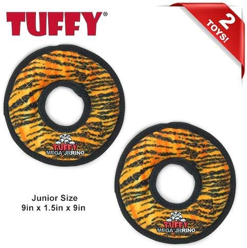 TUFFY - World's Tuffest Soft Dog Toy - MEGA -Multiple Layers. Made Durable, Strong & Tough. Interactive Play (Tug, Toss & Fetch). Machine Washable & Floats (Ring Tiger, Jr 2 Pack)