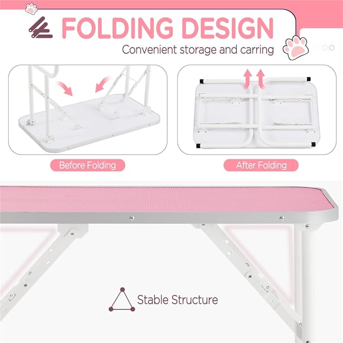 Yaheetech 32-inch Foldable Pet Dog Grooming Table w/Adjustable Height Arm - Drying Table for Home w/Noose for Small Dogs Cats, Maximum Capacity Up to 220lbs, Pink