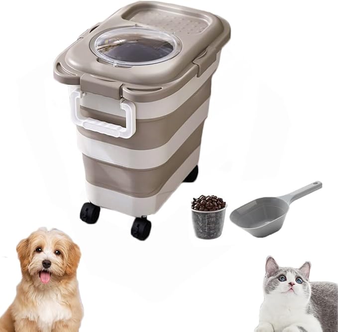 Airtight Dog Food Storage Container, Collapsible Pet Food Container with Casters, Scoop and Cup - Keeps Up to 25 Lbs and Large Capacity