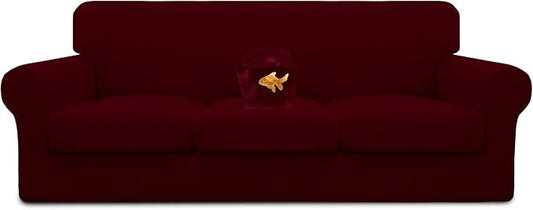 Easy-Going 100% Dual Waterproof 4 Pieces Oversized Cover Stretch Soft Couch Cover for Dogs, Sofa Slipcover for 3 Separate Cushion Couch Leakproof Furniture Protector for Kids, Pets Wine