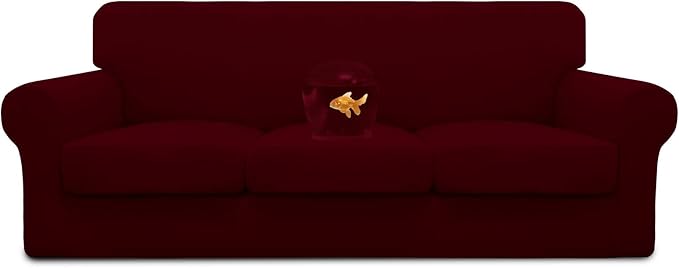 Easy-Going 100% Dual Waterproof 4 Pieces Stretch Soft Couch Cover for Dogs, Sofa Slipcover for 3 Separate Cushion Couch Leakproof Furniture Protector for Kids, Pets Wine