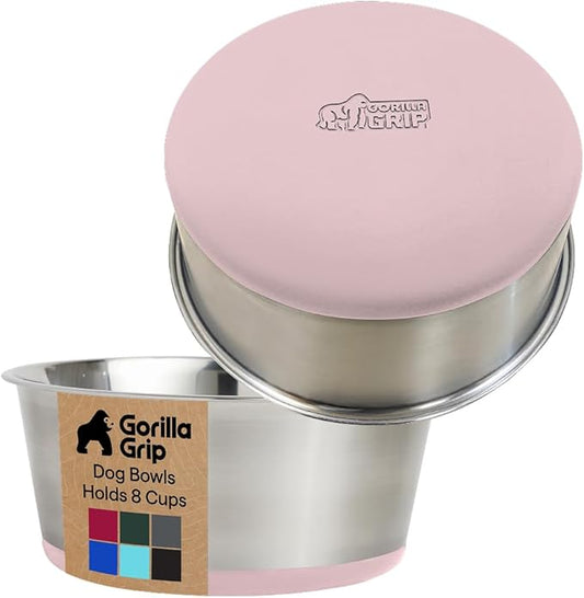 GORILLA GRIP Dog Bowls, Heavy Duty 304 Stainless Steel, Holds 8 Cups Each (64 fl oz) Food and Water Bowl for Feeding Dogs and Cats, Dishwasher Safe, Rust Resistant, BPA Free Rubber Base Set of 2 Pink