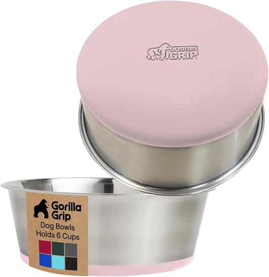 GORILLA GRIP Dog Bowls, Heavy Duty 304 Stainless Steel, Holds 6 Cups Each (48 fl oz) Food and Water Bowl for Feeding Dogs and Cats, Dishwasher Safe, Rust Resistant, BPA Free Rubber Base Set of 2 Pink