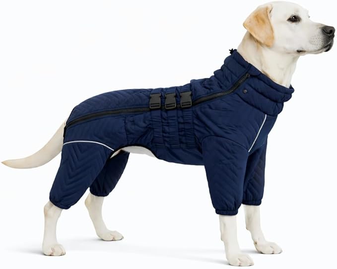 Warm Double Layers Dog Vest - 4 Legs Covered Windproof Waterproof Reflective Coat for Small Medium Large Dogs, Outdoor Skating Costume, Navyblue XS