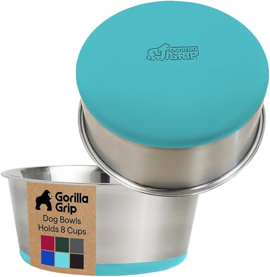 GORILLA GRIP Dog Bowls, Heavy Duty 304 Stainless Steel Holds 8 Cups Each (64 fl oz) Food and Water Bowl for Feeding Dogs and Cats Dishwasher Safe Rust Resistant BPA Free Rubber Base Set of 2 Turquoise