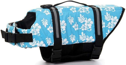 ChezAbbey Dog Life Jacket Adjustable Dog Lifevest Swimsuit Safety Vest Apparel Lifesaver Coat for Small Large Cats Puppy Kitty with Handle Reflective for Swimming and Boating Blue Flower M