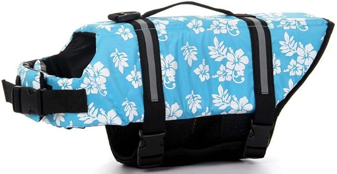 ChezAbbey Dog Life Jacket Adjustable Dog Lifevest Swimsuit Safety Vest Apparel Lifesaver Coat for Small Large Cats Puppy Kitty with Handle Reflective for Swimming and Boating Blue Flower XS