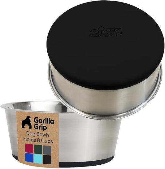 GORILLA GRIP Dog Bowls, Heavy Duty 304 Stainless Steel, Holds 8 Cups Each (64 fl oz) Food and Water Bowl for Feeding Dogs and Cats, Dishwasher Safe, Rust Resistant, BPA Free Rubber Base Set of 2 Black