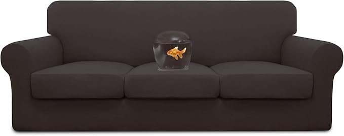 Easy-Going 100% Dual Waterproof 4 Pieces Stretch Soft Couch Cover for Dogs, Sofa Slipcover for 3 Separate Cushion Couch Leakproof Furniture Protector for Kids, Pets Chocolate