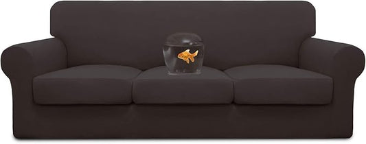 Easy-Going 100% Dual Waterproof 4 Pieces Stretch Soft Couch Cover for Dogs, Sofa Slipcover for 3 Separate Cushion Couch Leakproof Furniture Protector for Kids, Pets Chocolate