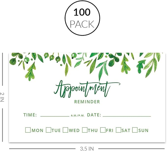 Andaz Press Greenery Leaves Appointment Business Cards for Hair Salon, Client Reminder, Office, Massage, Grooming, Dental, Medical Doctor, Therapist, Hair Stylist, Nail Salon, 100-Pack, 2 x 3.5-Inch