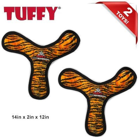TUFFY - World's Tuffest Soft Dog Toy - MEGA -Multiple Layers. Made Durable, Strong & Tough. Interactive Play (Tug, Toss & Fetch). Machine Washable & Floats (Boomerang Tiger, Large 2 Pack)