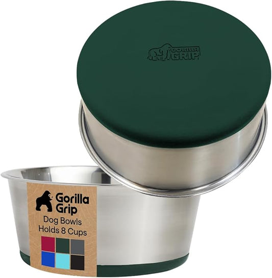 GORILLA GRIP Dog Bowls, Heavy Duty 304 Stainless Steel, Holds 8 Cups Each (64 fl oz) Food and Water Bowl for Feeding Dogs and Cats, Dishwasher Safe, Rust Resistant, BPA Free Rubber Base Set of 2 Green