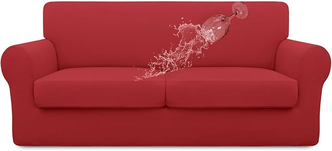 Easy-Going 100% Dual Waterproof 3 Pieces Oversized Loveseat Cover Stretch Soft Couch Cover for Dogs, Sofa Slipcover for 2 Separate Cushion Couch Leakproof Furniture Protector for Kids Christmas Red