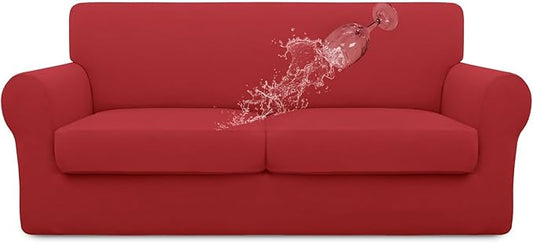 Easy-Going 100% Dual Waterproof 3 Pieces Oversized Loveseat Cover Stretch Soft Couch Cover for Dogs, Sofa Slipcover for 2 Separate Cushion Couch Leakproof Furniture Protector for Kids Christmas Red