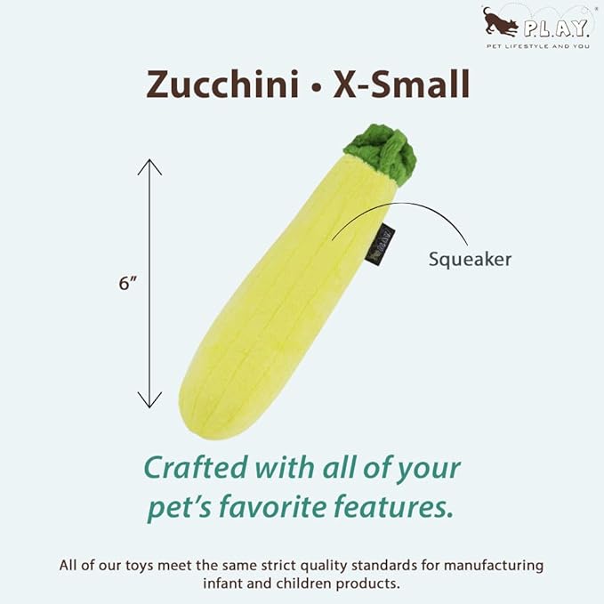 P.L.A.Y. Cute Plush Dog Toys - Fruit & Vegetable Themed Durable Squeaker Chew Toy, Great for Puppies & Small, Medium, Large Dogs - Machine Washable, Recycled Materials (Garden Fresh Zucchini, X-Small)