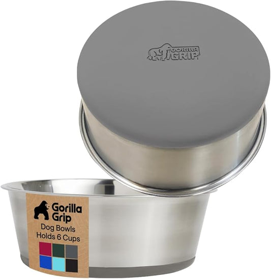 GORILLA GRIP Dog Bowls, Heavy Duty 304 Stainless Steel, Holds 6 Cups Each (48 fl oz) Food and Water Bowl for Feeding Dogs and Cats, Dishwasher Safe, Rust Resistant, BPA Free Rubber Base Set of 2 Gray