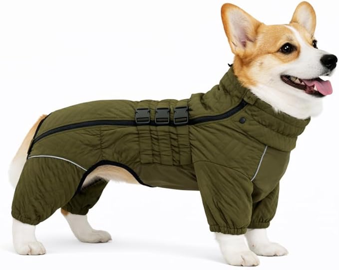 Lovelonglong Warm Dog Coat Double Layers Vest, 4 Legs Covered Windproof Waterproof Reflective Outdoor Skating Costume for Corgis Dachshund Olive D-L