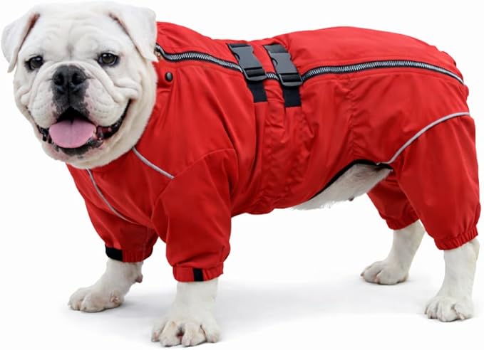 Lovelonglong Waterproof Dog Raincoat – 4-Leg Full Body Dog Rain Suit with Reflective Strips & Leash Opening, Outdoor Dog Jacket for Rainy Weather